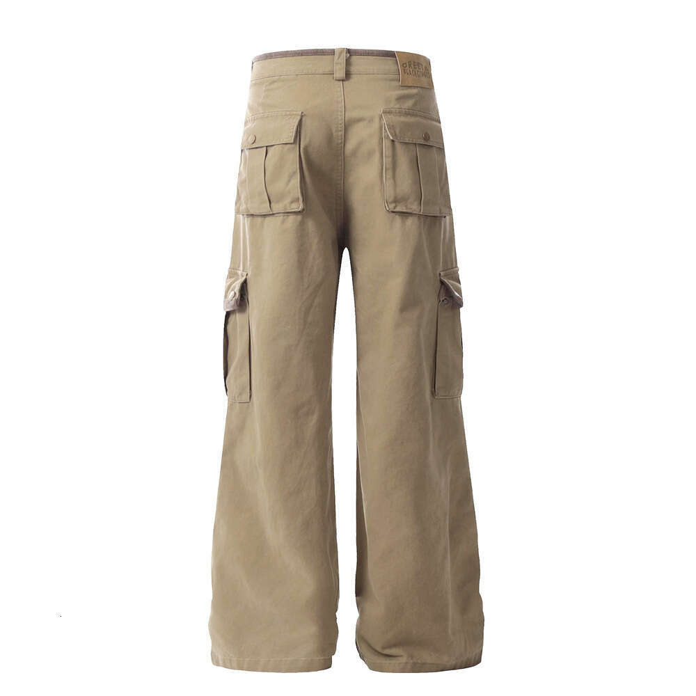 Trendy Brand Workwear Wide-Leg Men's Vibe American Retro Pleated Knee Design Solid Color Loose Flared Pants