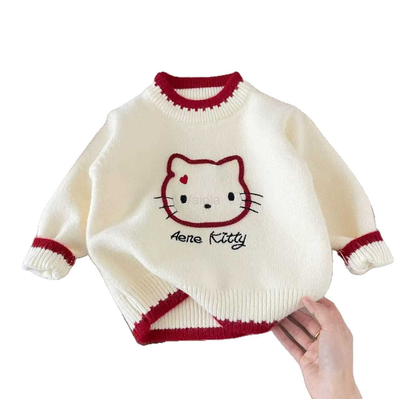 Sanrio Girls Autumn Winter Knitted Sweater 2025 New Style for Young Girls Childrens Round Neck KT Cat Knitted Pullover H251105