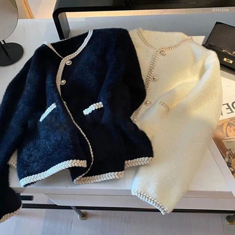 Women's Jackets Small Fragrant Wind Pearl Buckle Sweater Cardigan Spring And Autumn White Gentle Soft Milk Mink Velvet Knitted Coat M-3XL
