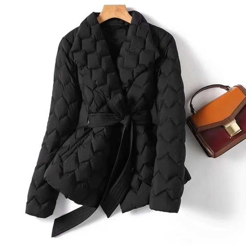 Lightweight Down Jacket With Belt Women Elegant Tie Belt Long Cotton White Duck Down Parka Female Ladies Jackets Winter CoatsT251105