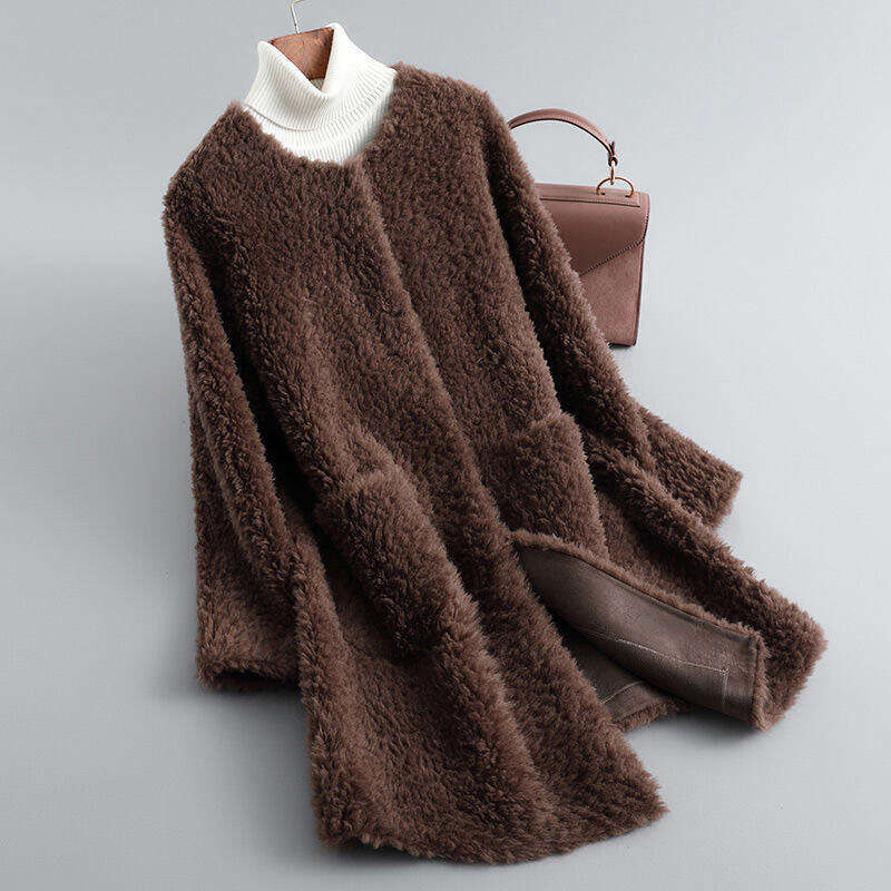 Grain Sheep Shear For Women, Mid-Length Lamb Wool Faux Fur One-Piece Winter Coat B5
