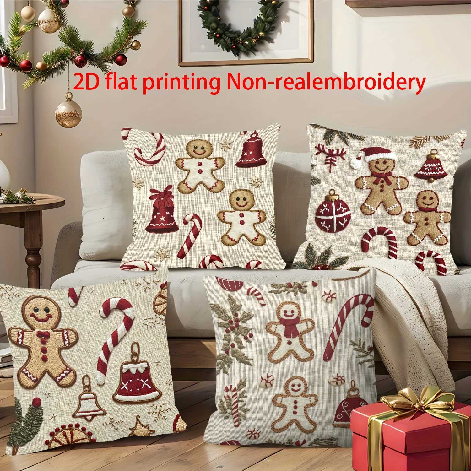 4pcs Christmas Gingerbread Pillow Covers Bell Candy Cane Print 2D Polyester Zipper Closure for Sofa Decor Y251105