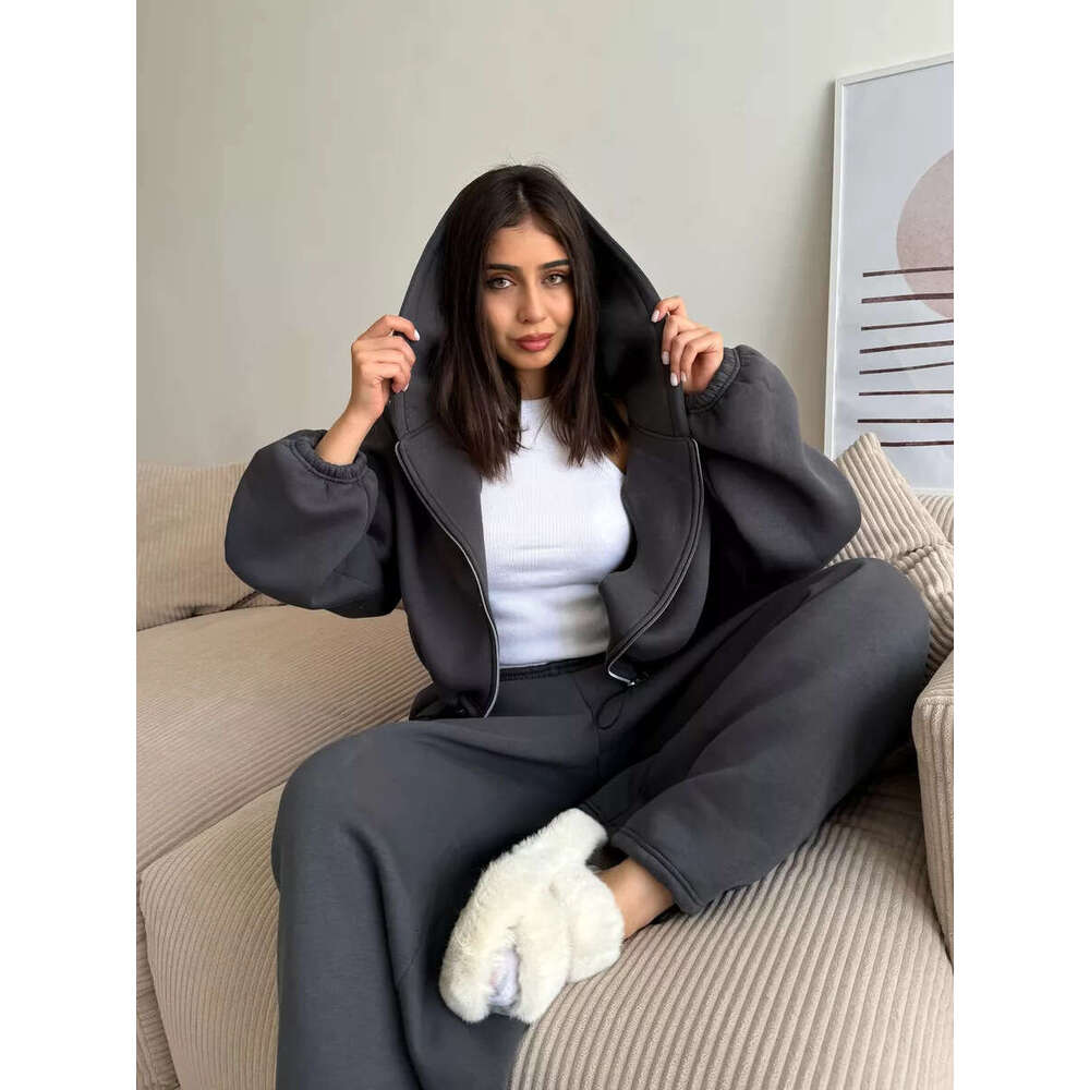 European And American Style Women's Casual Solid Color Long Sleeve Zipper Cardigan Drawstring Hooded Sweatshirt Sports Elastic Pants Two-Piece Se