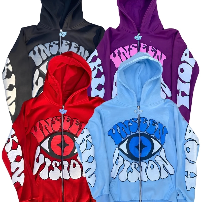 UNSEEN VISION Y2K Red Fall Jacket for Men Eye Pattern Zip Up Hoodie AutumnWinter Fashion Halloween Jacket Unisex 251028