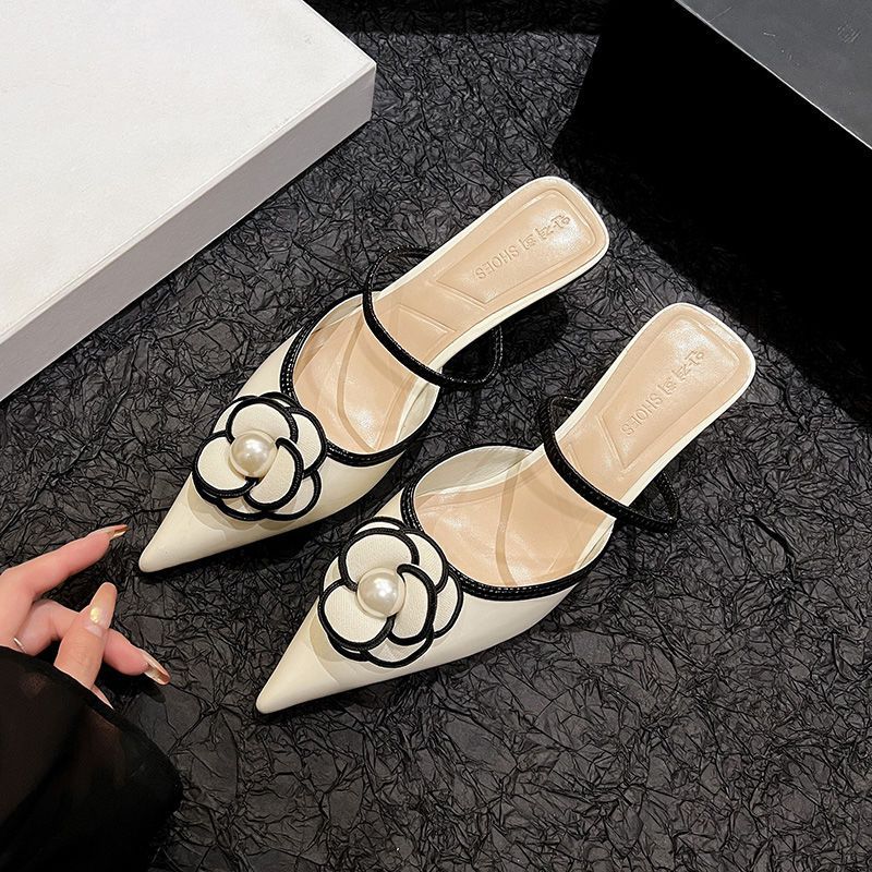 designer shoes 2025 new Women's summer style French pearl flower pointed toe stiletto heel open back slippers that are not tiring high heels