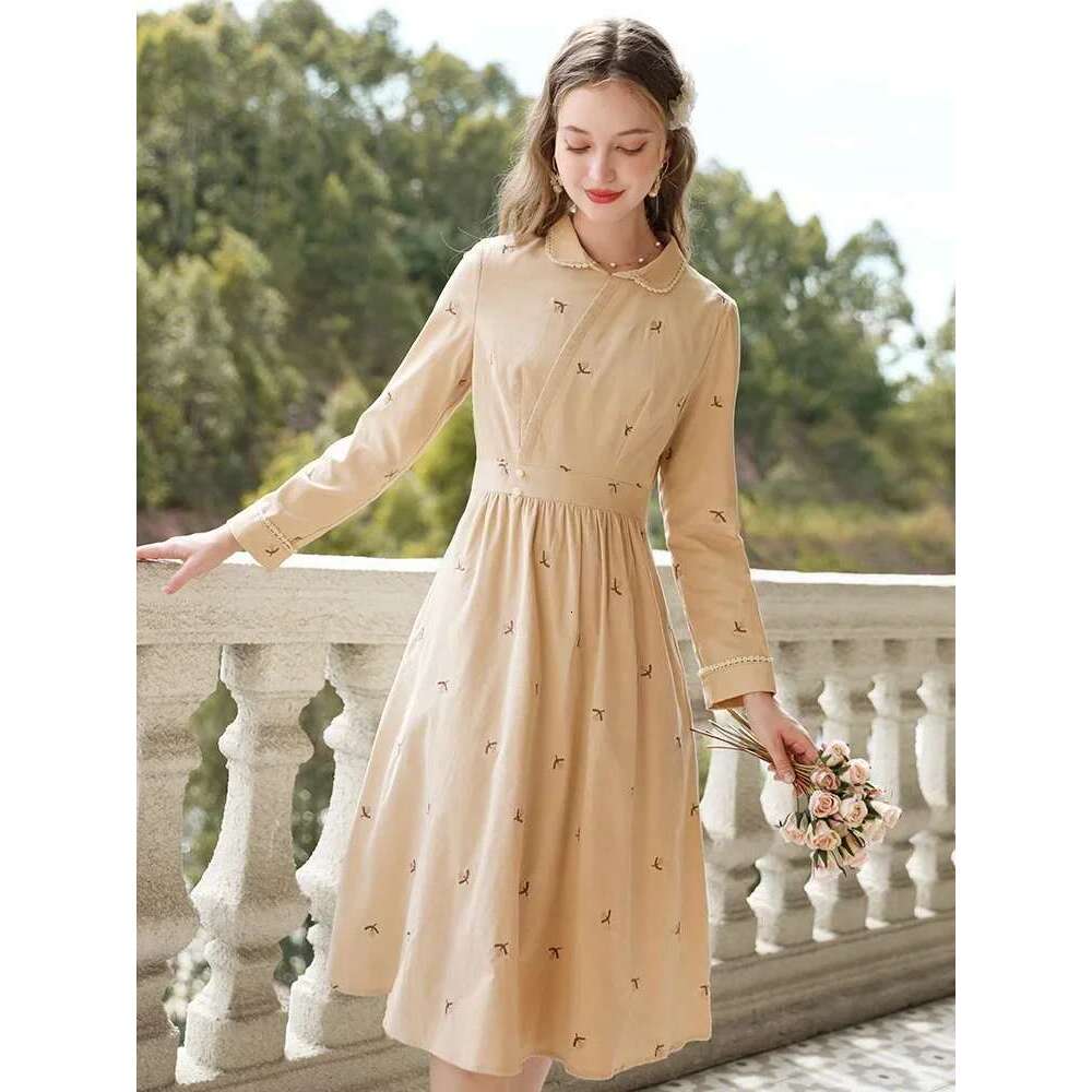 Cotton Women's Dresses French Embroidery Long Sleeve A-E Winter New Slim Temperament Dress