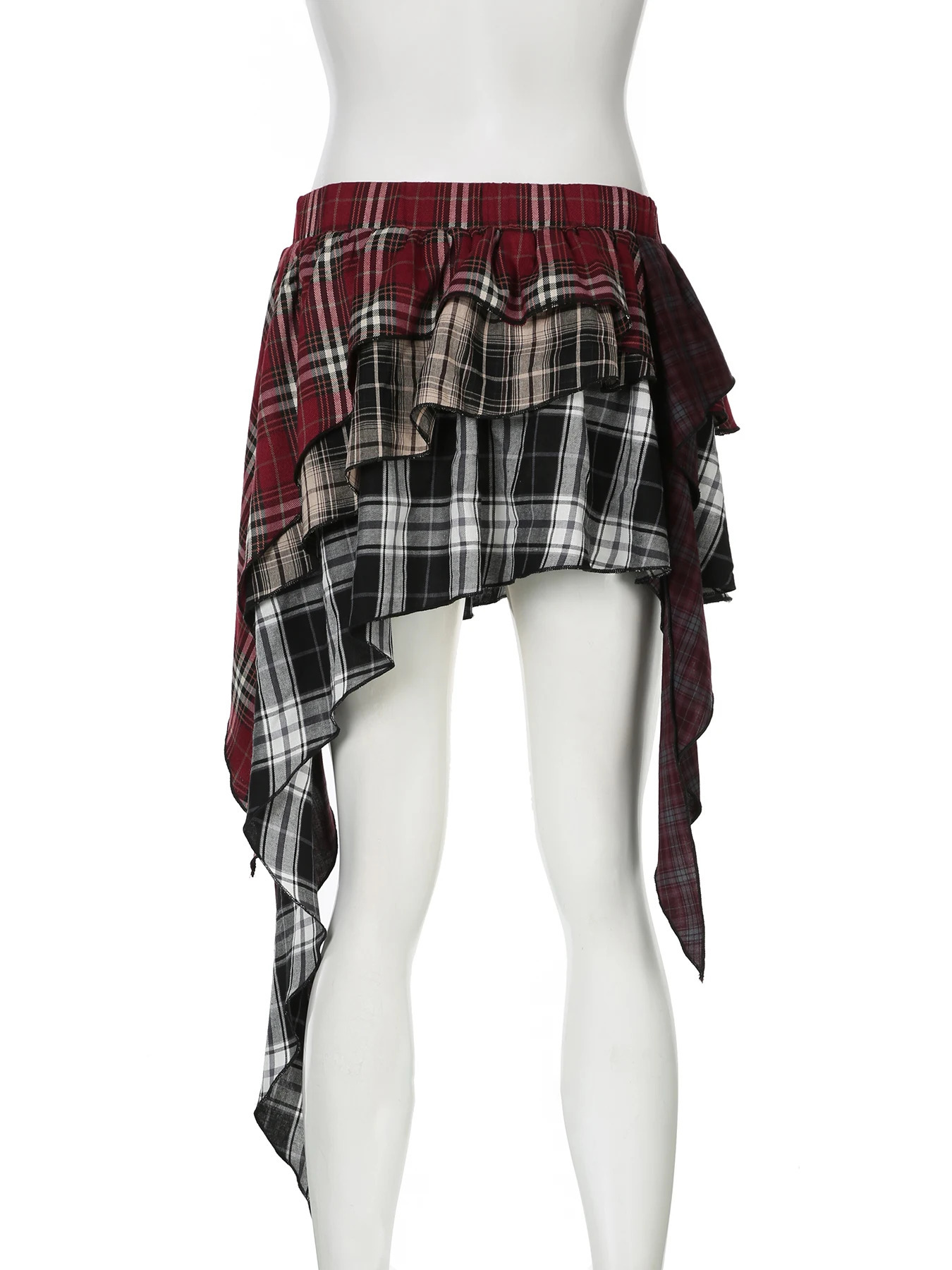 Rockmore Streetwear Patchwork Red Plaid Irregular Skirt Vintage Sexy Slim Mini Skirt Y2k 2000s Clothes Coquette Grunge Fairycore 250402