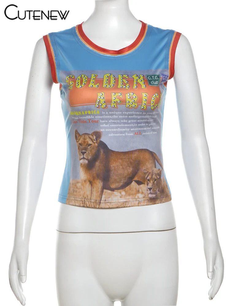 Cute Hipster printed womens vest womens summer panel O-neck tight crop tank womens classic fully matched Y2K street top 250402