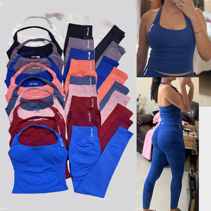 woman two pieces Dyfne Impact Halter Top and sports leggings Dfyn Yoga outfit Set Backless Halter Tops Seamless Scrunch Bum pants Gym Workout Sports Suits sportswear