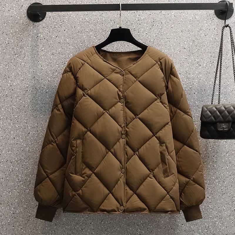 Short Down Cotton Jacket For Women 2026 New Autumn Winter O-neck Long Sleeve Light Diamond Casual Jacket Outerwear CoatT251105