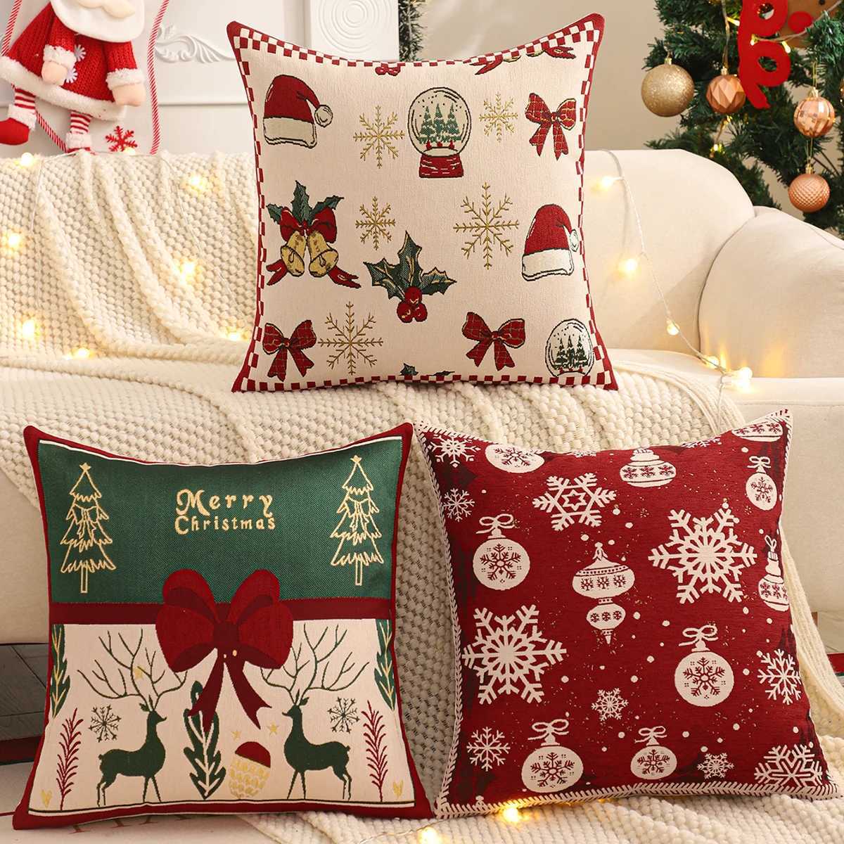 1PC Throw Pillow Cover Christmas Decoration Linen Christmas Tree Snowflake Winter Jacquard Farmhouse Home Sofa Living Room Y251105