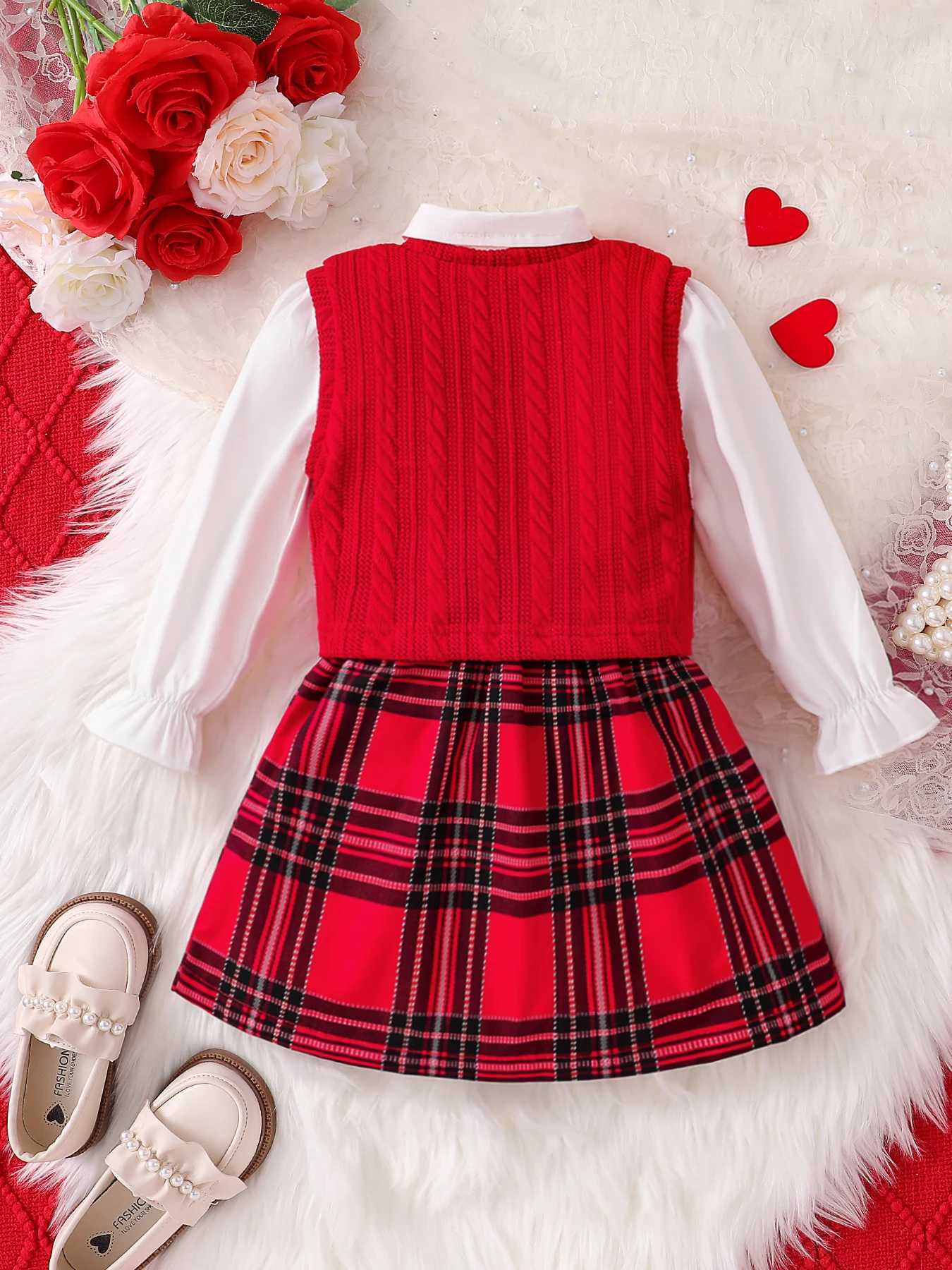 Childrens Spring and Autumn New Girl Fashion Cute Three Piece Set Knitted Red Tank TopLace Collar LiningCheckered Half Skirt Y251105