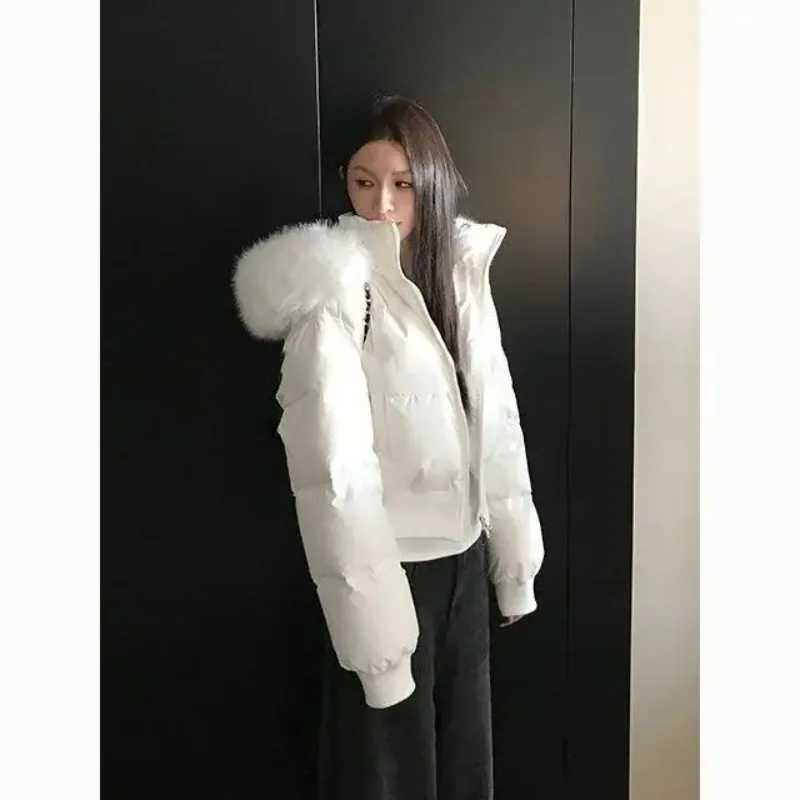 Winter Street Fashion Fur Collar White Zipper Hooded Short Jacket Women Casual Thicken Warm Coat Y2k Harajuku Sweet Outwear New J251105