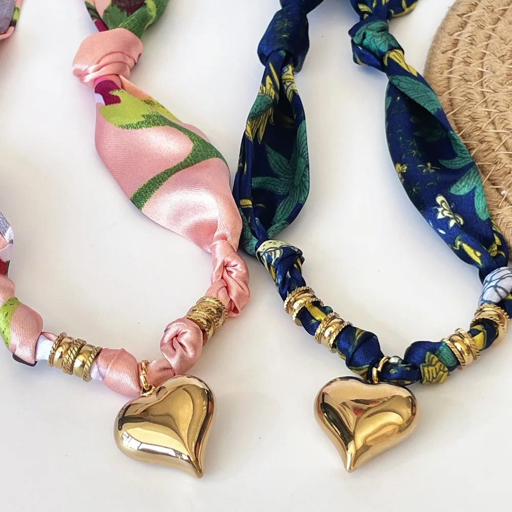Womens Fashion Scarf Necklace with Large Stainless Steel Heart Pendant Stackable Bandana Jewelry 251031