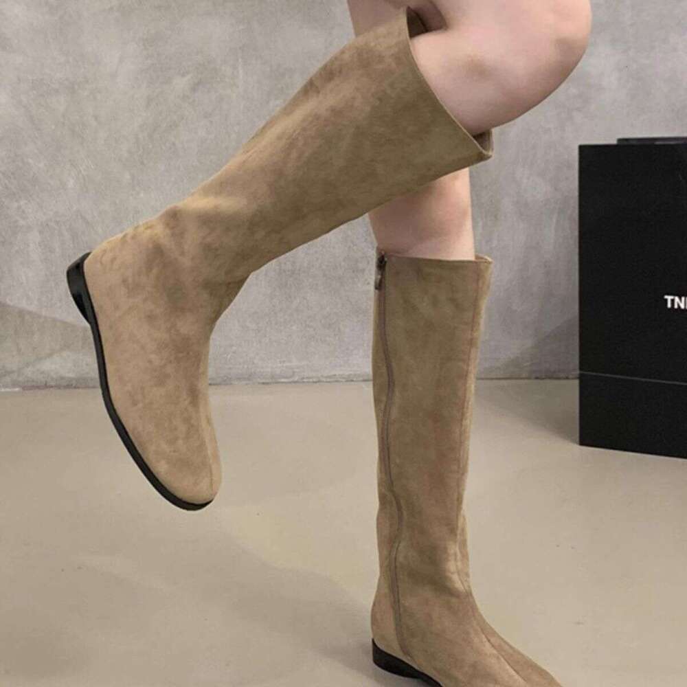 Trendy Korean Style Versatile Flat Round Toe High for Women Over-the-Knee Single Melad Slim Long Tube Designer Shoe Riding Boots