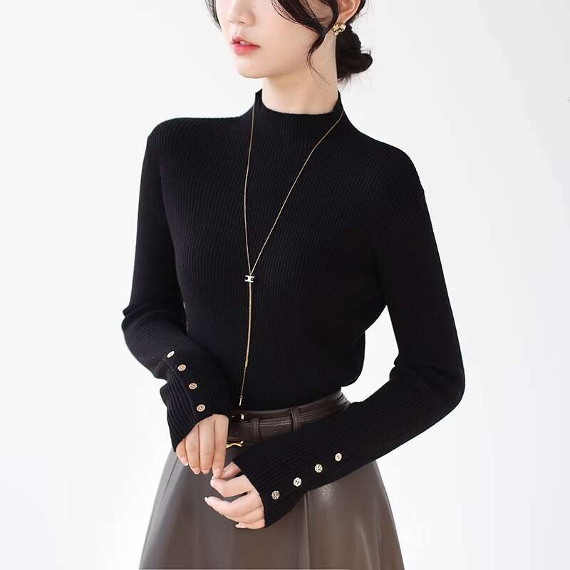 High-End Deep Gray Half Turtleneck Knitted For Women Autumn Winter Stylish Top Inner Layer Sweater Base Shirt B5