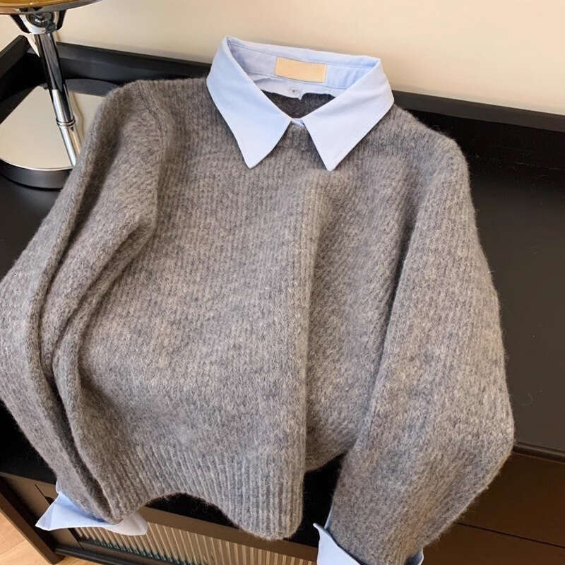 Fake Two-Piece Shirt Collar Sweater For Women, New Autumn Lazy Style, Color-Block Turn-Down Collar, Gray Knitted Top B5