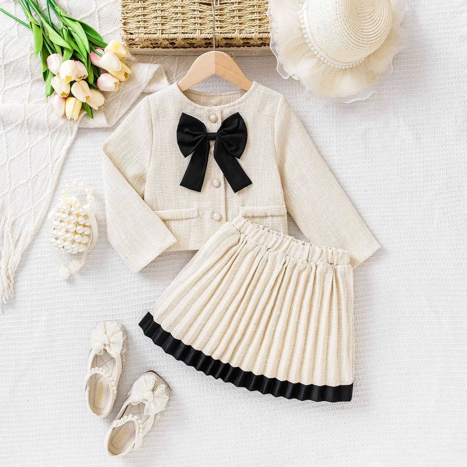 Childrens Clothing Sets Korean Spring And Autumn Causal Set Girls Long Sleeve Front Bow CoatPleated Skirt Sets Girl Outfits Y251105