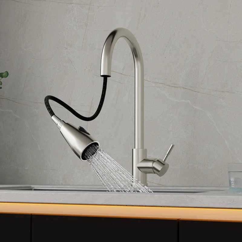 Black Kitchen Faucet ible Pl Out 2 Modes Nozzle Hot Cold Water Mixer Tap Deck Mounted Sprayer and Stream SUS 304 Faucets Y251104