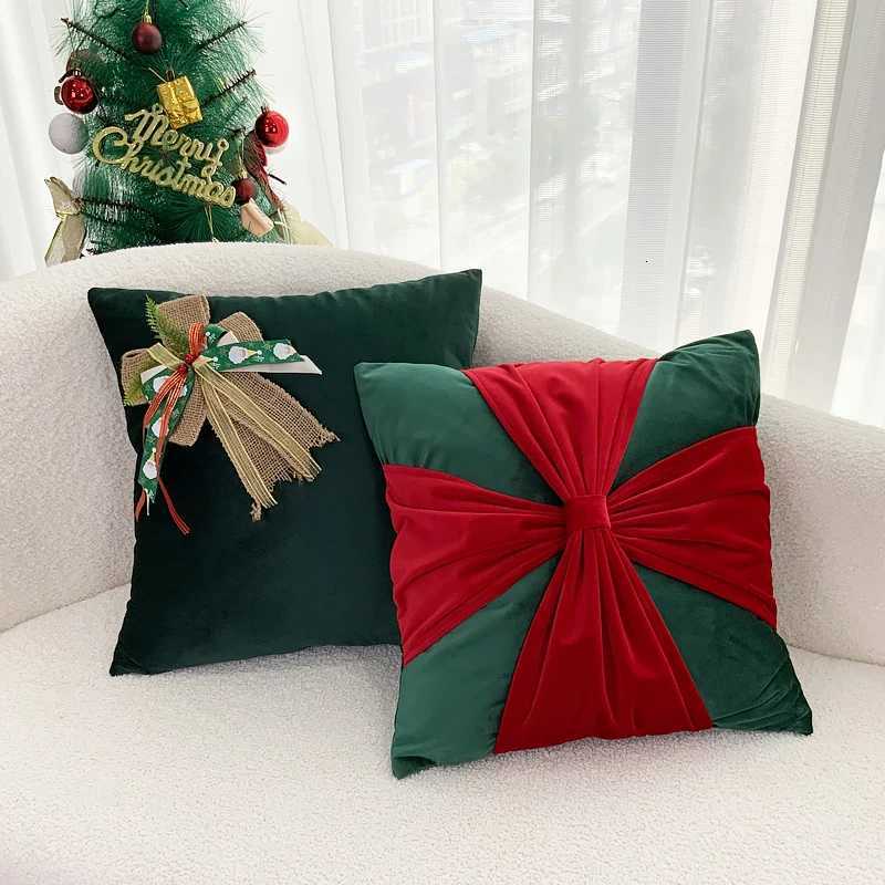 BUYNOW Christmas Dutch Velvet Bow Throw Pillowcase Atmosphere Living Room Sofa Squar 18x18inch Cushion Cover Home Bedroom Decor Y251105