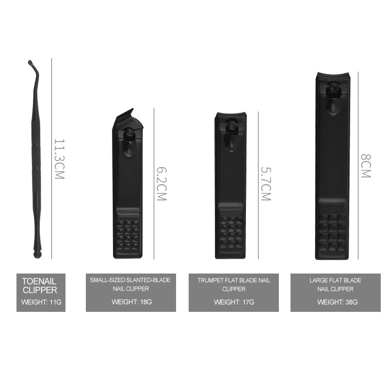 12Pcs Black Nail Clipper Set with Toenail Clipper, Multi-Size Slanted/Flat Blade Nail Cutters, Professional Manicure Pedicure Kit for Home & Travel