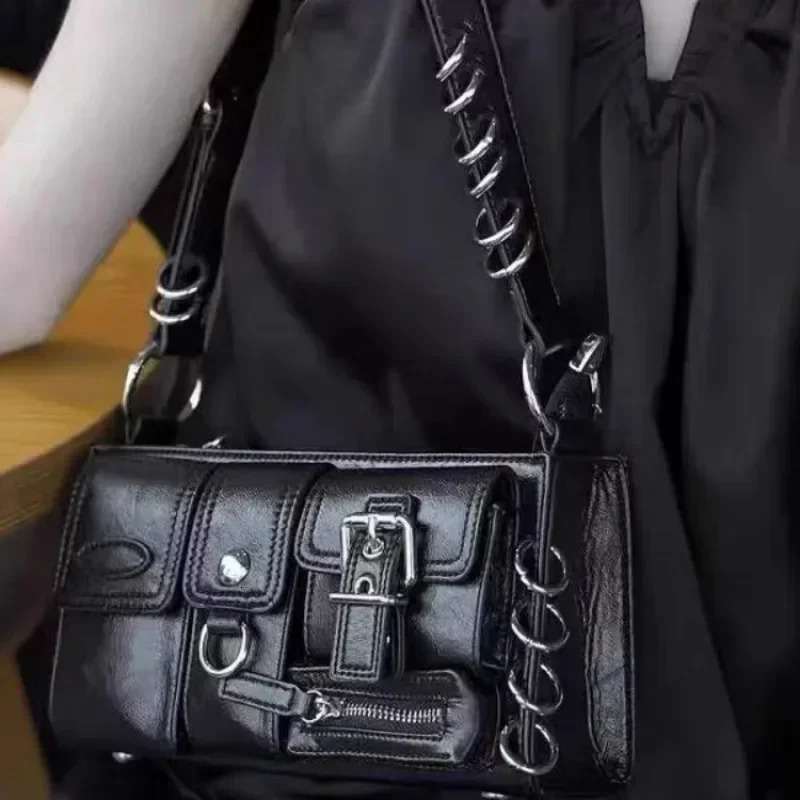 Meet You Y2K Retro Gothic Black Shoulder Bag Womens Punk Cool Multi Pocket Pu Leather Underwear Bag Trend Handbag 250402