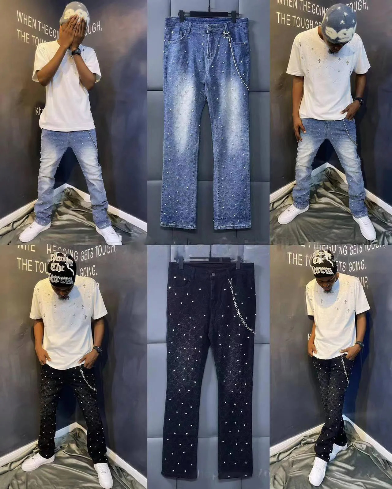 Mens Denim Fashion Personal Straight Leg Mens Trouser European and American Fashion Elastic Pearl Denim Layered Pants 250402