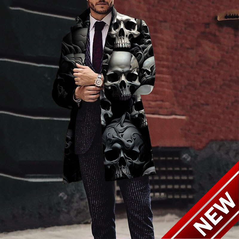 2024 Winter New Mens Halloween Skull Printed Woolen Medium to Long Coat Mens Woolen Coat