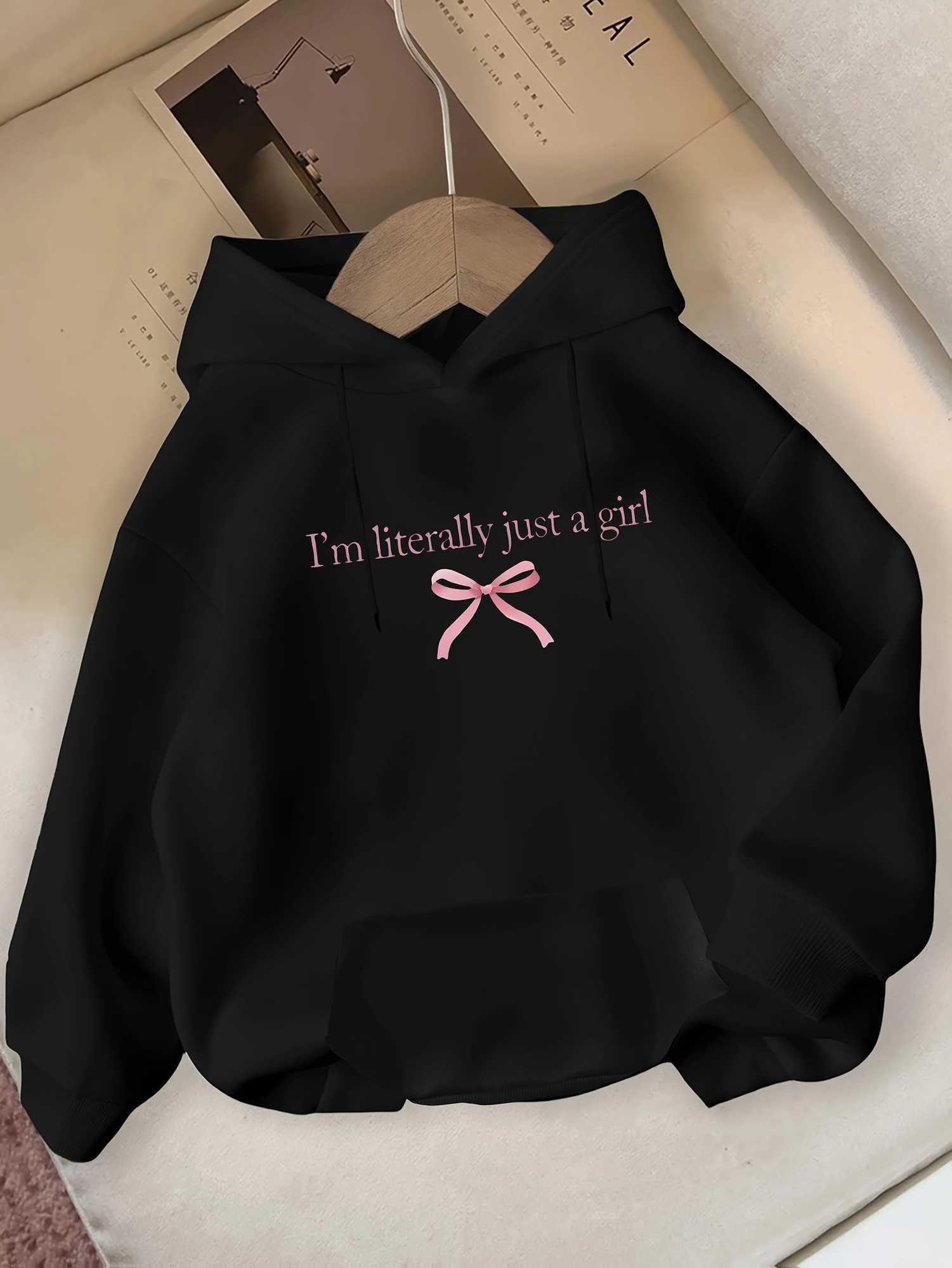 Im Literally Just A Grill and Pink Bow Print Pattern for Autumn and Winter Womens Hooded Sweatshirt Round Neck Casual ClothingT251105