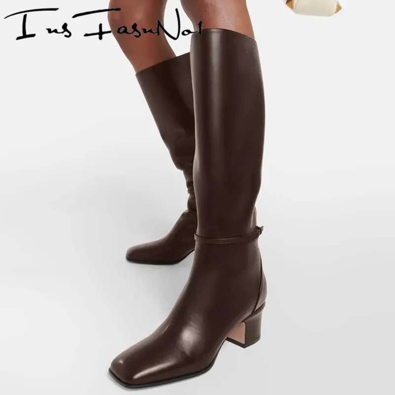 Genuine Leather Square Toe High Heels Knee High Women Boots Solid Color Zipper Pleated Fashion Western Style Sexy Female Shoes 251031