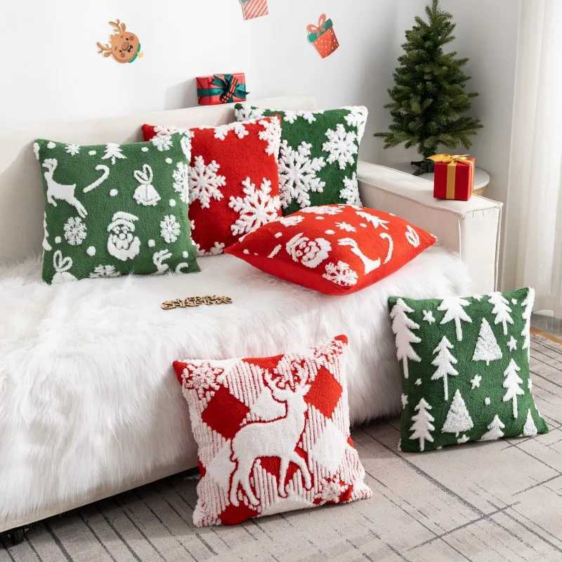 2pcs Red Green Christmas Plush Cushion Cover Cartoon Embroidery Fluffy Christmas Pillow Covers Decorative Festival Pillow Case Y251105