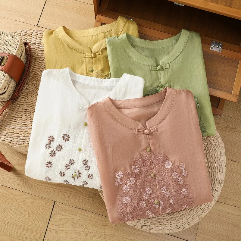 Embroidery Chinese Style Women Blouses Summer Cotto Linen Tops Loose Short Sleeve Clothing Sales V-neck Korean Womens Shirts 250402