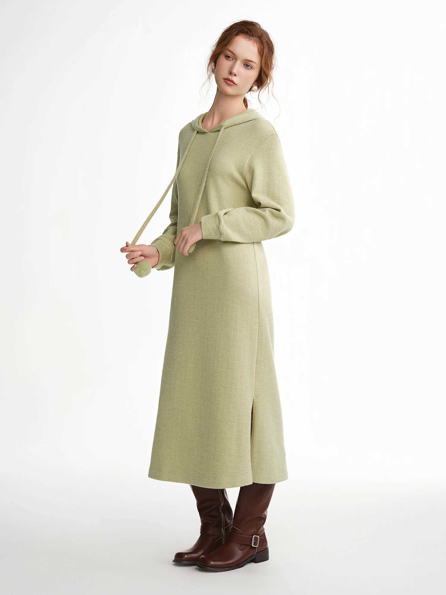 DUSHU 2025 Winter Womens Pom Hooded Knit Dress with Drawstring Waist - Casual Long Sleeve Tunic Dress for Daily Wear J251105