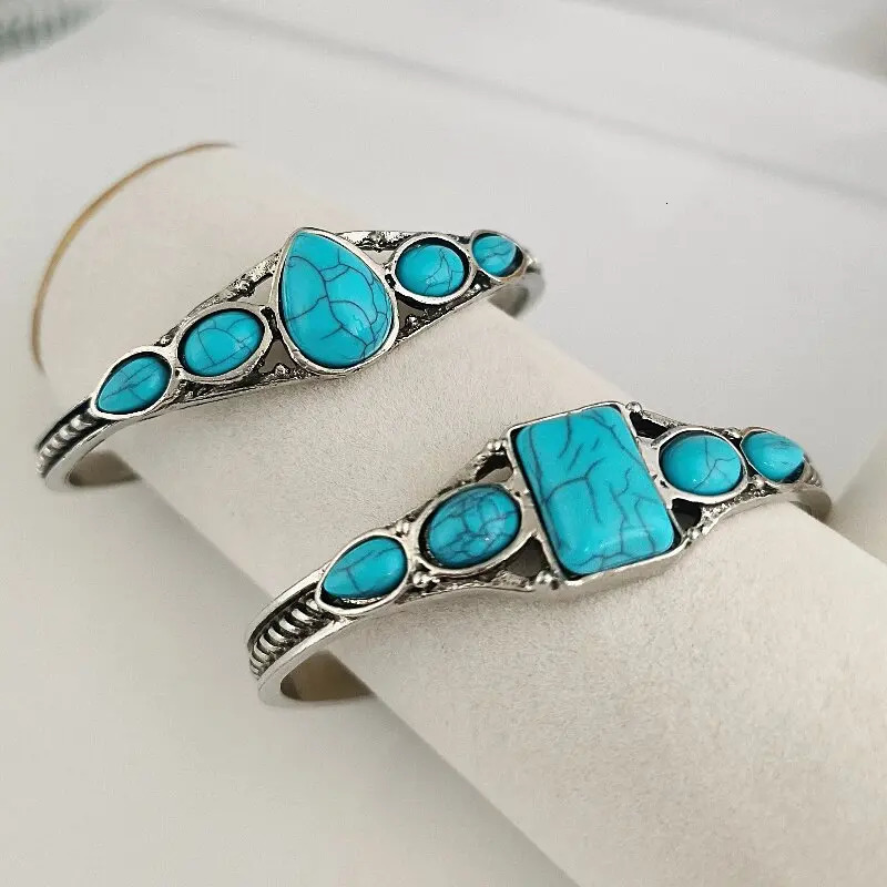 1pcs style personality retro turquoise carved hollow geometry light accessories bracelet adjustable opening bracelet 251031