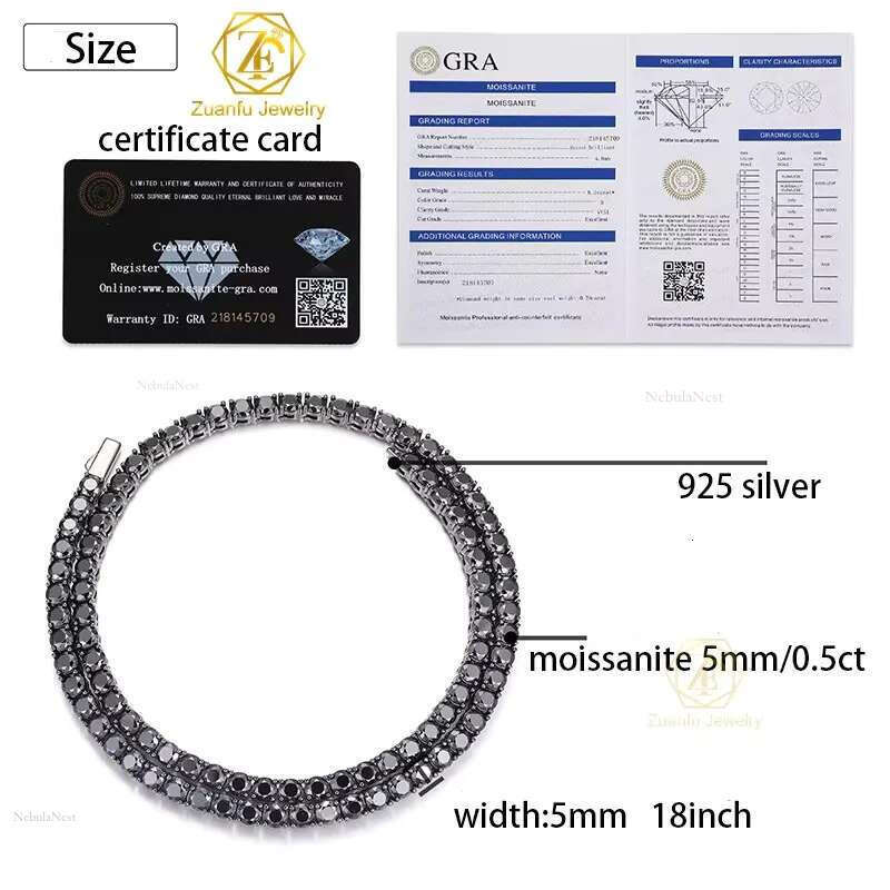 Bg Unisex 1 Row Necklace/Bracelet Black Lab Created Dias 2MM 3MM 4MM 5MM 6.5MM Tennis Moissanite Chain