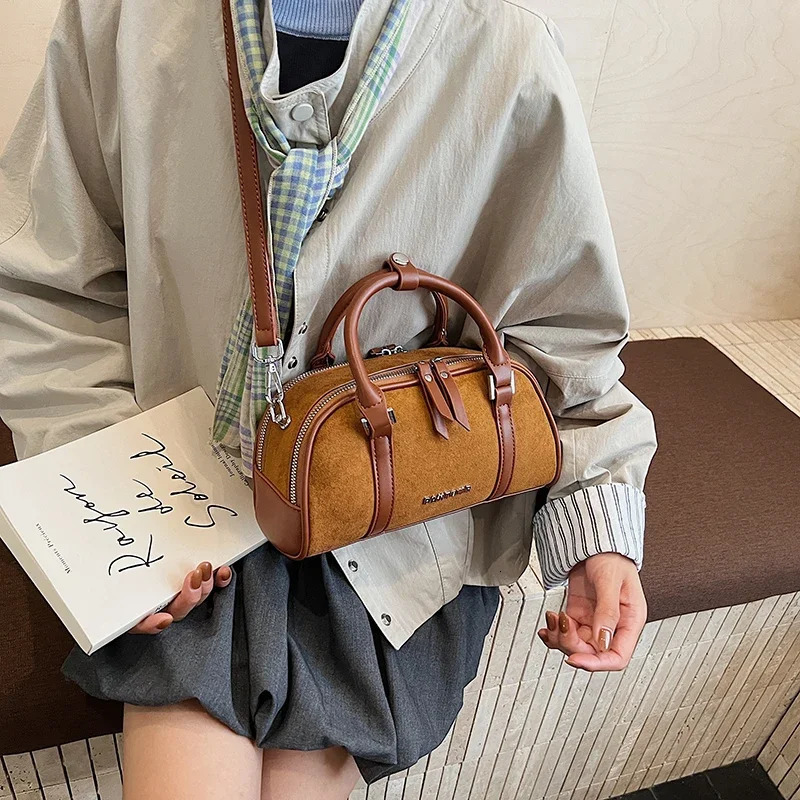 Original Suede Boston Bag for Women Lady Handbags Shoulder Crossbody Bags Handheld Bowling Bag 251105