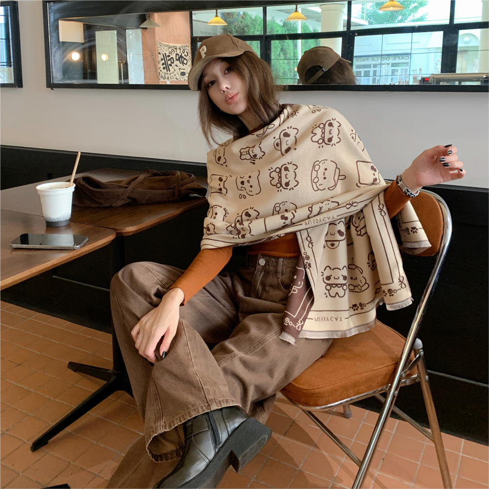 Cute Cartoon Animal Print Scarf Autumn And Winter Warm Tassel Shawl Scarf Multi Color Playful Style Imitation Cashmere Scarf
