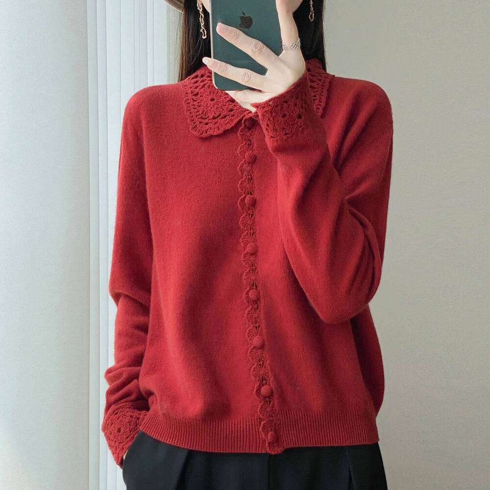 Women's Autumn Winter 100% Pure Wool Cardigan Polo Neck Embroidery Openwork Crocheted Loose Cashmere Sweater Coat Women Sweater Designer Sweater 