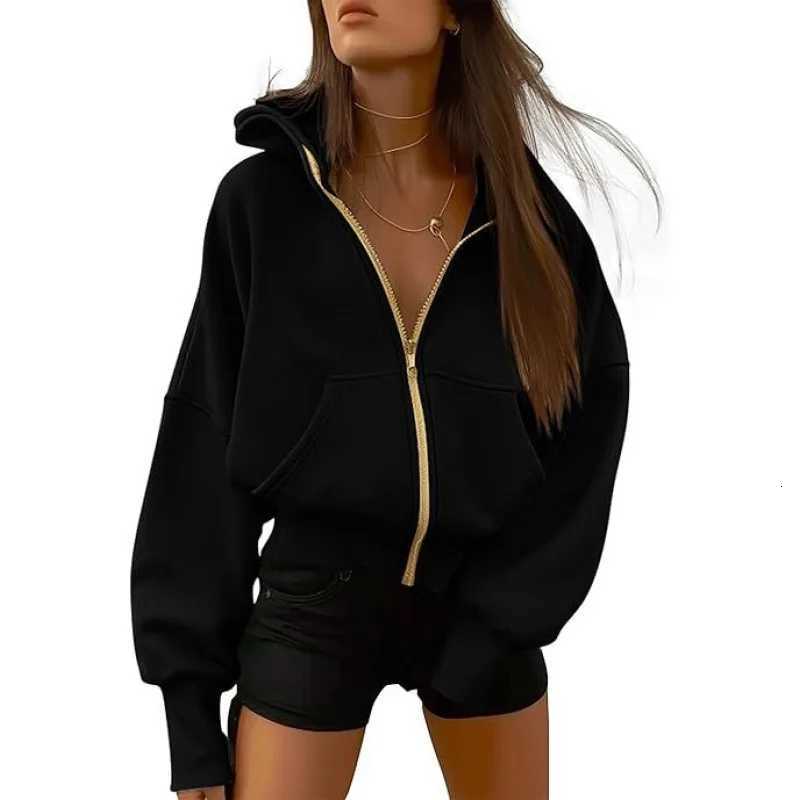 Solid Color Oversized Zipper Jacket for Women Spring Autumn Loose Versatile Hooded Sweatshirts Pocket Casual Hoodies OuterwearT251105