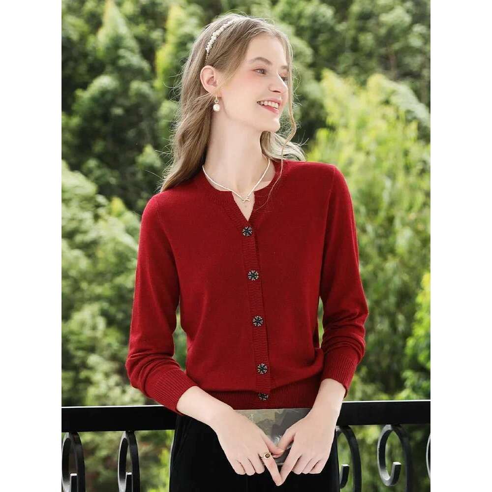 Red V-Neck Knitted Cardigan Fall Clothes Women New Sweater Solid Basics Office Lady Casual Coat