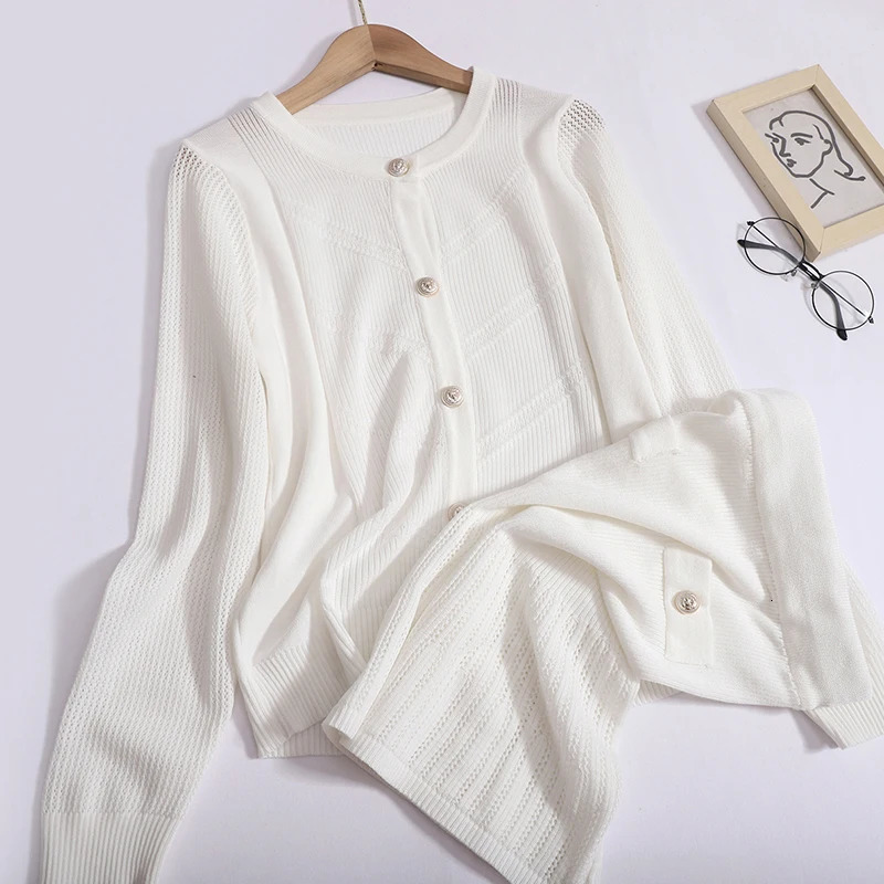 Womens Knitted Hollow two-piece Set O-neck Single breasted Long sleeved Open top Cardigan and High Waist Skiing Set Womens Dress Spring 250401