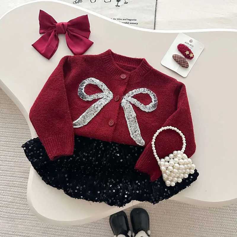 MILANCEL New Winter Kids Sweater Set Cute Bow Girls Knitted Cardigan Sequin Short Skirt Loose Korean Children Outfit 2PCS Y251105