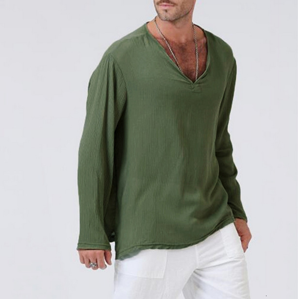 Spring new mens cotton and linen solid color V-neck casual loose oversized long sleeved T-shirt shirt