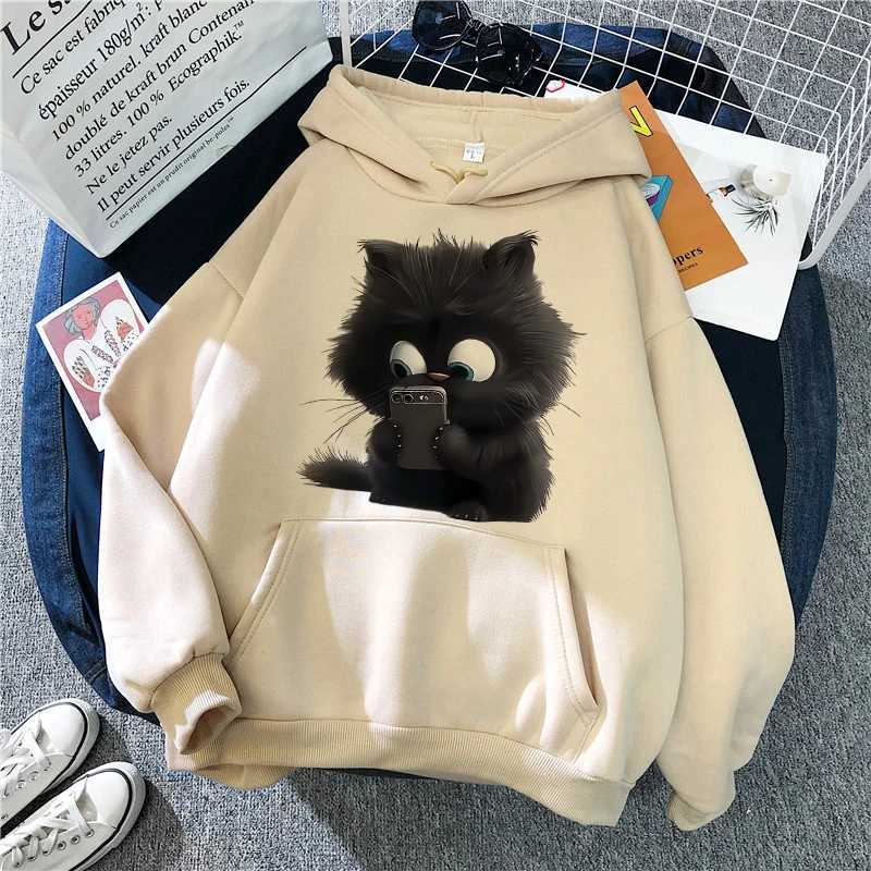 Womens Whimsical Cartoon Cat Printed kangaroo Pocket Hoodies Clothes Casual Graphic Hooded Sweatshirts Gothic Y2k StreetwearT251105