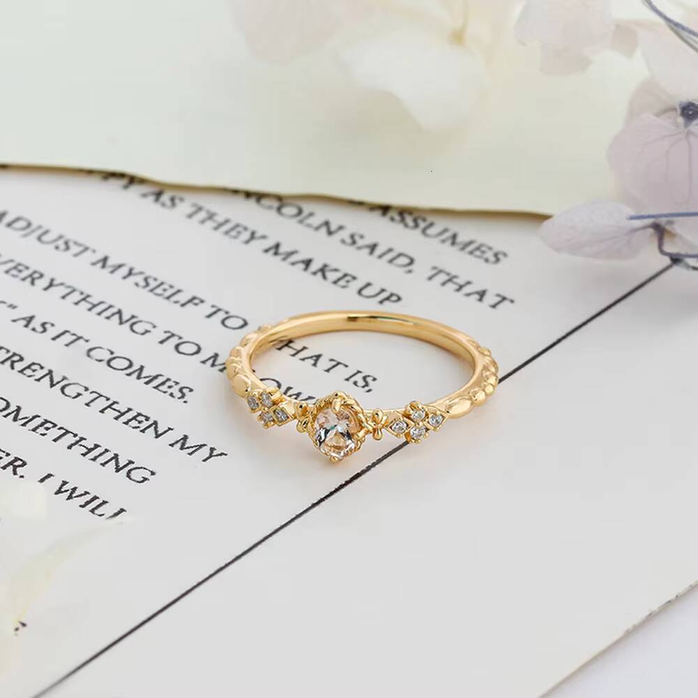 925 Sterling Silver 14K Gold Plated Gemstone Cz Zircon Retro Hollow Flower Pink Beryl Morganite Ring