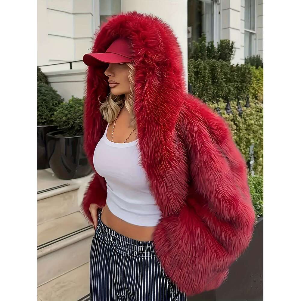Women's Elegant Red Faux Fur Hooded - Long Sleeve, Button-Up Front, Lined, Perfect For Fall/Winter, Casual Style, Outerwear Fluffy Lined | Button