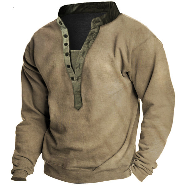 Spring new mens standing collar printed military uniform top mens long sleeved T-shirt mens