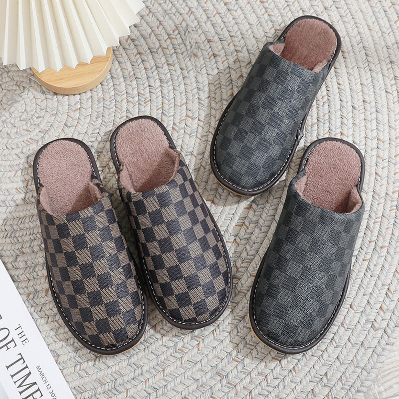 2025 Men's and women's cotton slippers for autumn and winter home use thick-soled indoor non-slip waterproof warm in winter leather surface 
