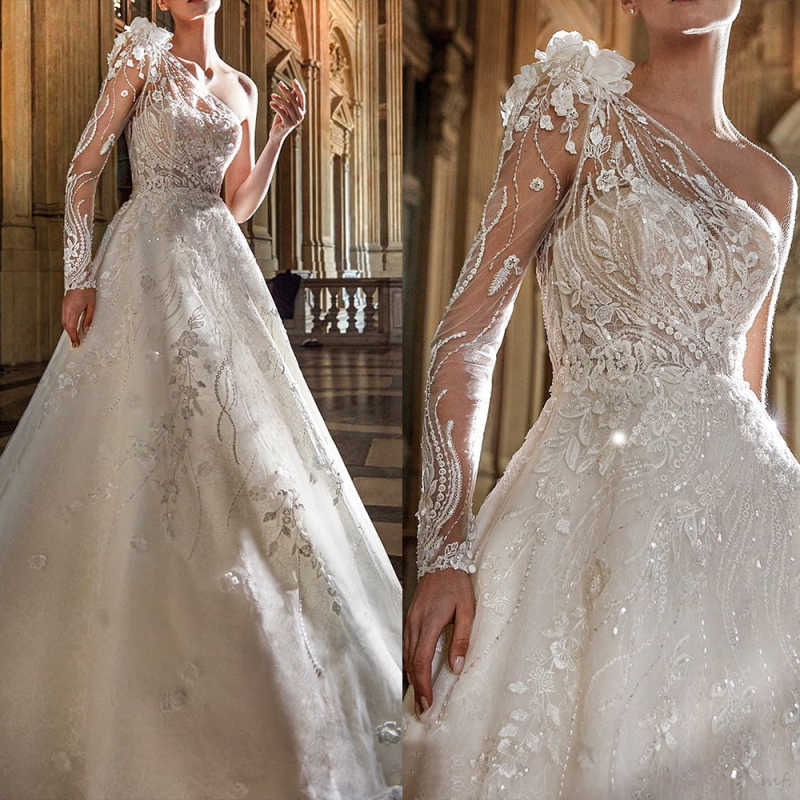 Simple A Line Bride Gowns One Shoulder Long Sleeve Applique Wedding Dress Sequins Beaded Floor Length Bridal Dresses Customized