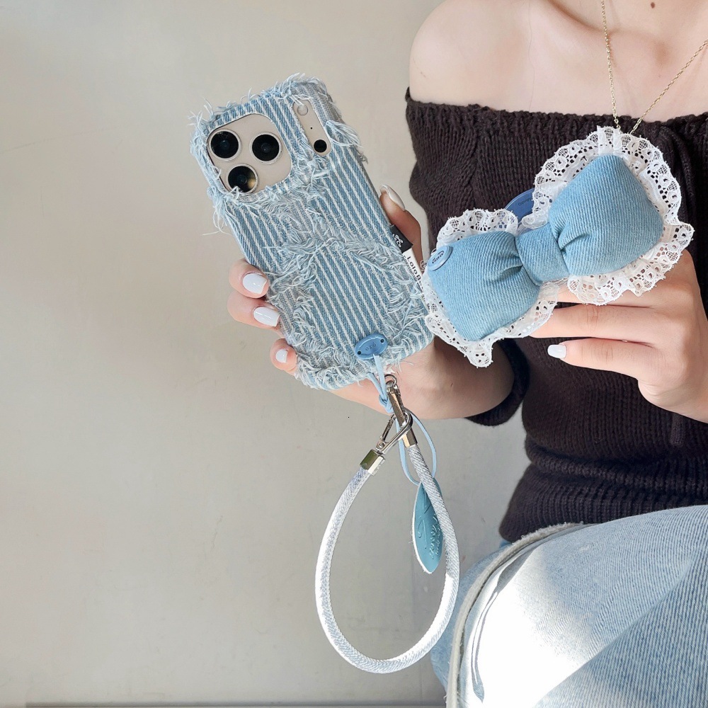 Denim Irregular Striped Bow Stand Phone Case Compatible with iPhone 17/16 Pro iPhone 15 Cartoon 14